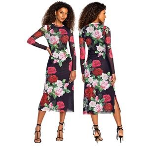 Johnny Was NWT Mesh Midi Romantic Boho Dress Rosa Floral Red Pink Black XSmall